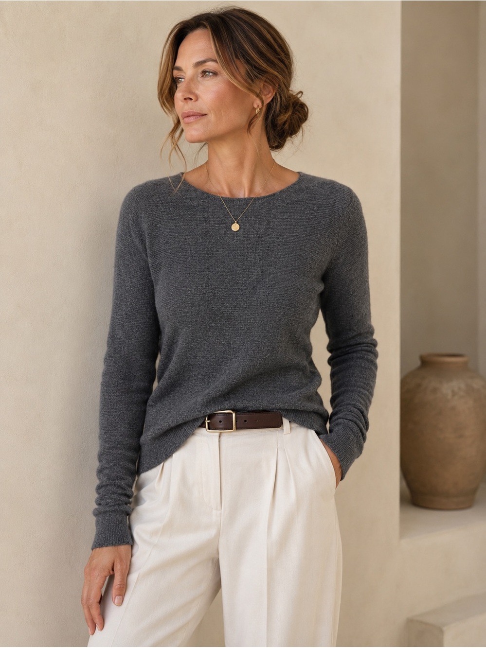 BIANCO & BLU Italy Merino Wool Cashmere Blend Gray Ribbed Knit Sweater